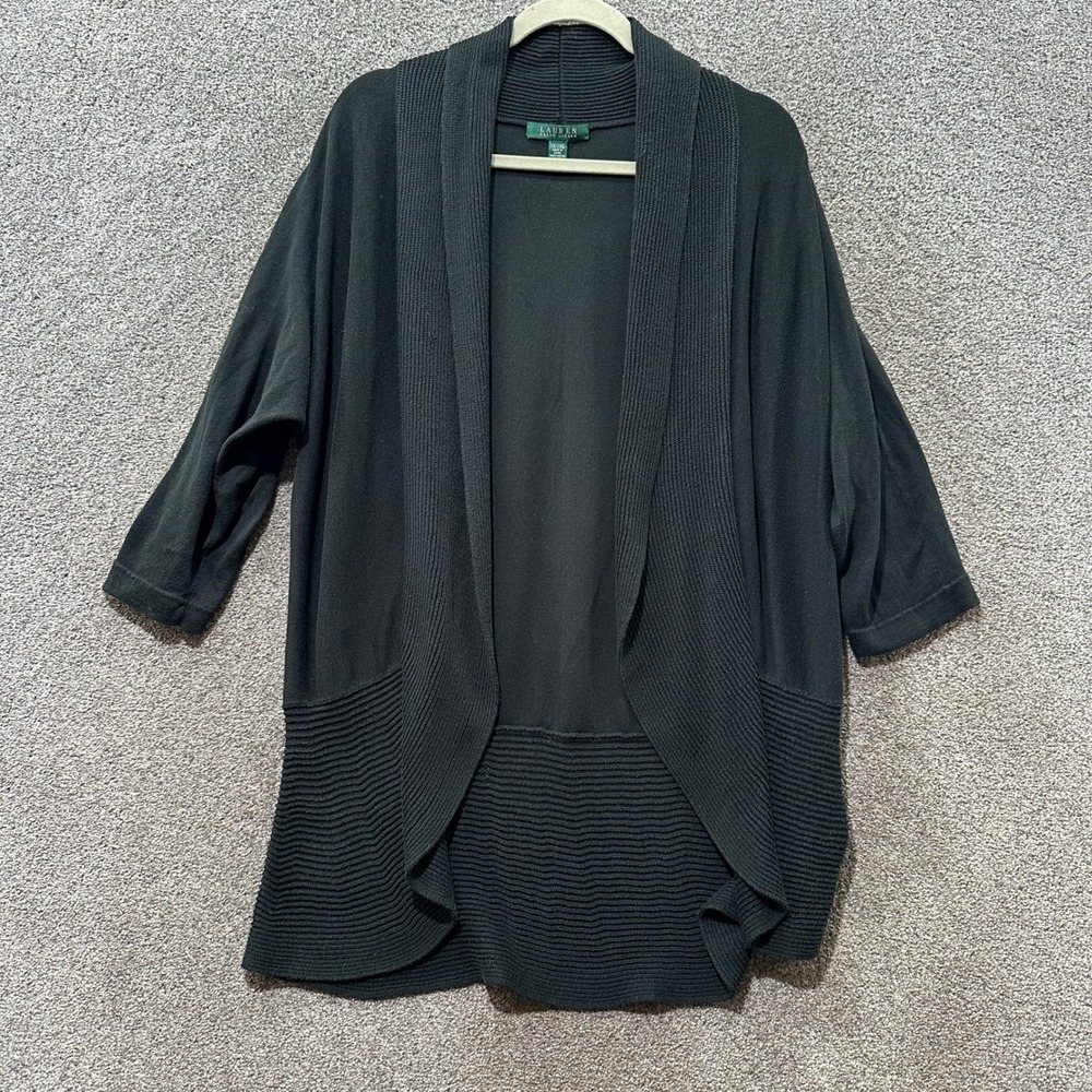 Lauren Ralph Lauren Cardigan Sweater Plus 1X Black Open Front Shawl Collar Knit